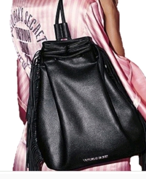 NEW! VICTORIA SECRET Black Vegan Leather Fringe Backpack Bag. main image 6
